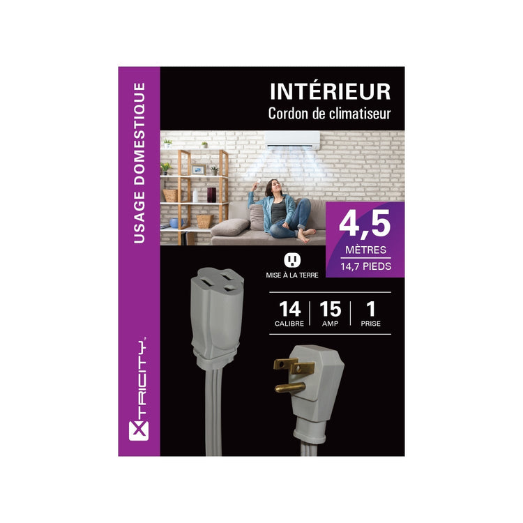 Xtricity - Rallonge Électrique à 1 Prise avec Mise à la Terre, Longeur de 4.5 Mètres, Pour Usage Intérieur, Gris - Simple Boutique
