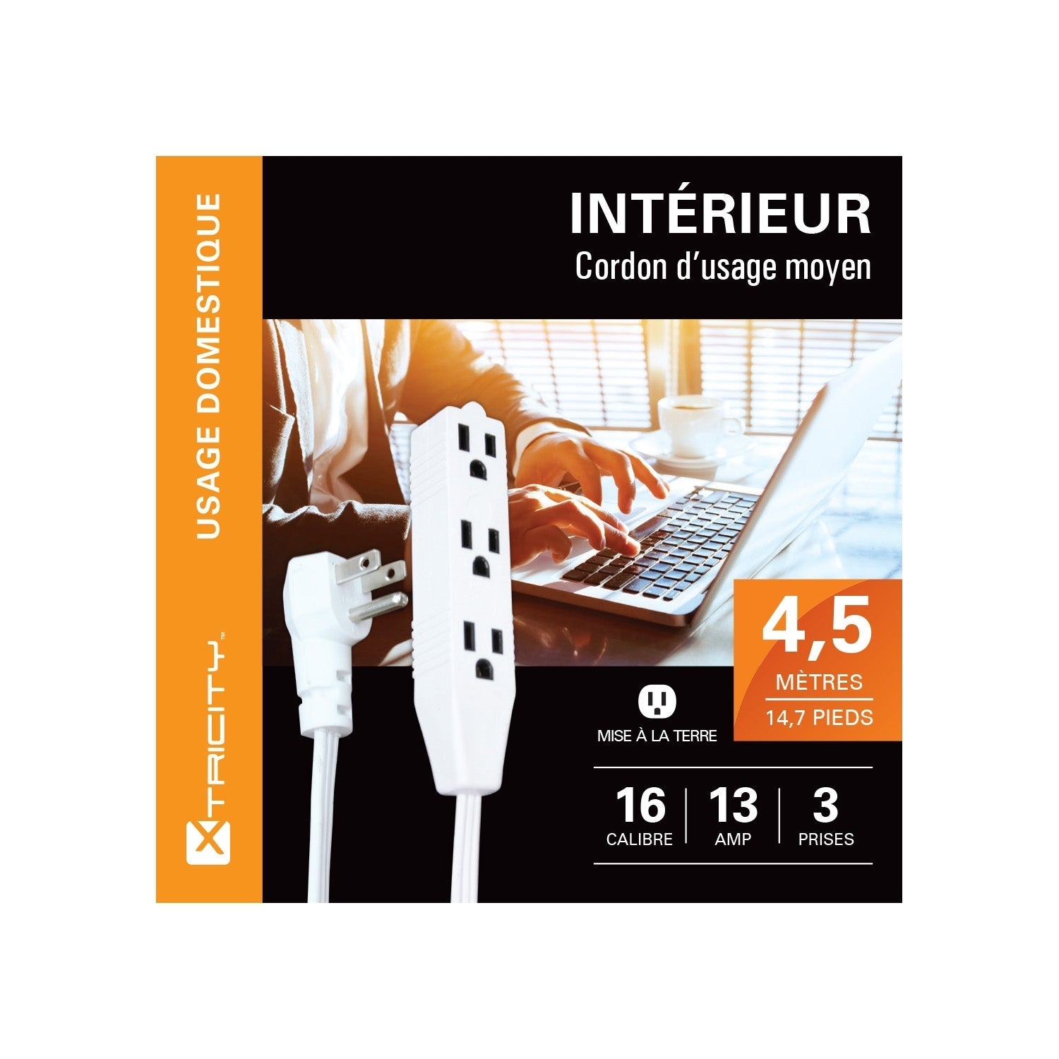 Xtricity - Rallonge Électrique à 3 Prise avec Mise à la Terre, Longeur de 4.5 Mètres, Pour Usage Intérieur, Blanc - Simple Boutique
