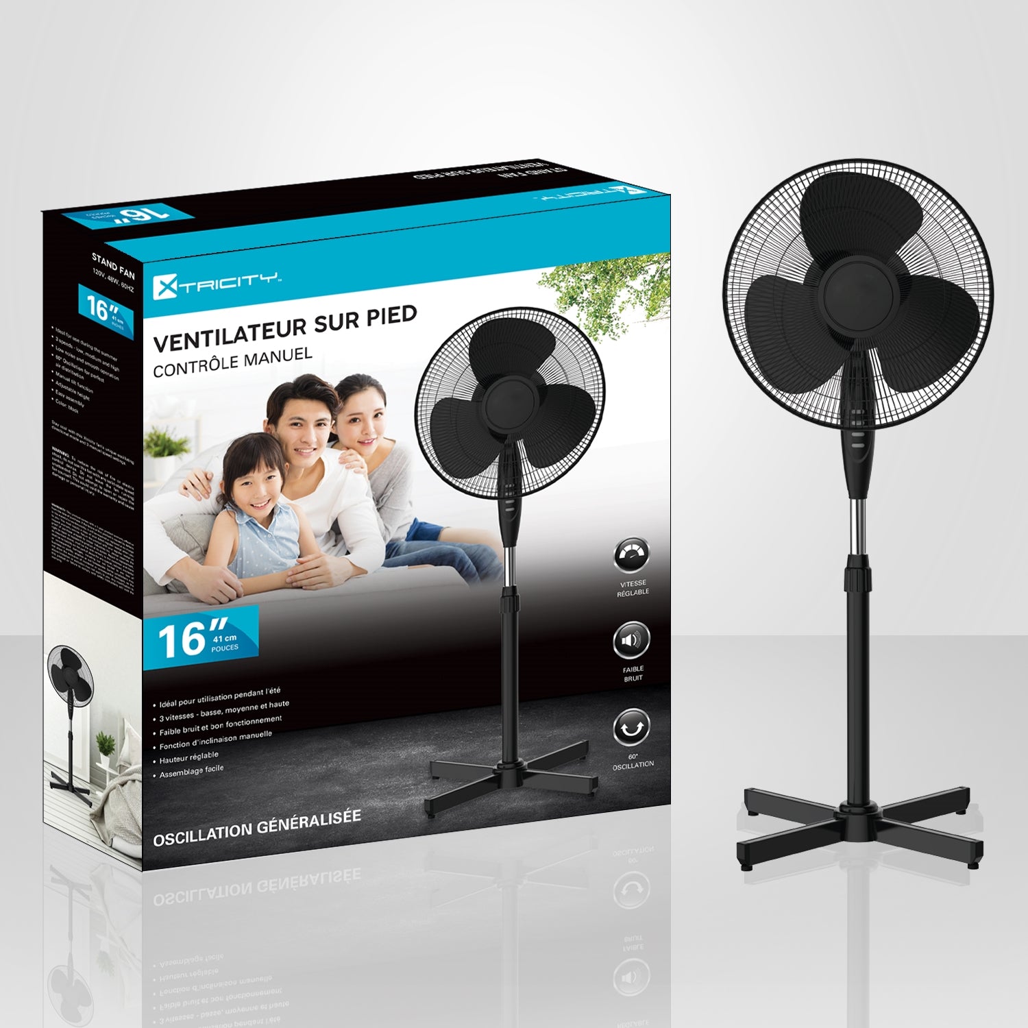 Xtricity - Ventilateur sur Pied, Diamètre de 16'', 3 Réglages de Vitesse, Oscillation, Noir - Simple Boutique
