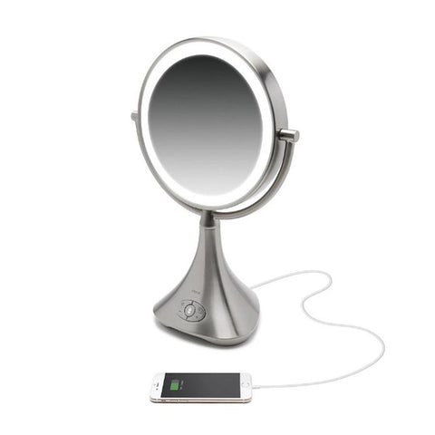 iHome ICVBT8SNC Miroir de Vanité Double Face de 9 po avec Chargement USB, Bluetooth Et Haut-Parleur, Argenté